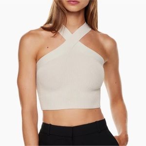 Aritzia Babaton Sculpt Knit Criss Cross Halter Tank Matte Pearl